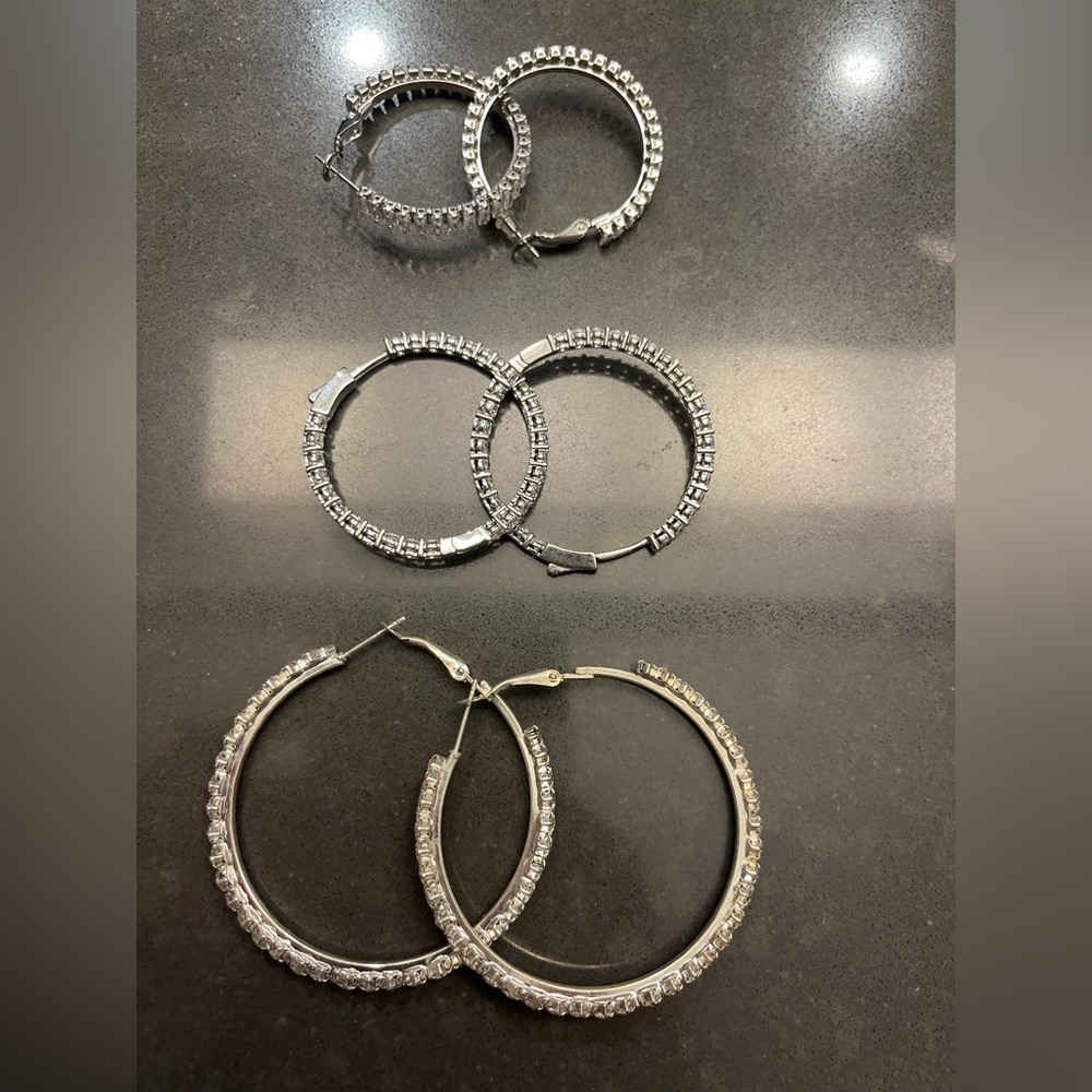 SET OF 3 SILVER WITH RHINESTONES HOOP EARRINGS